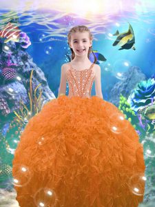 Cute Orange Red Lace Up Straps Beading and Ruffles Pageant Gowns For Girls Organza Sleeveless