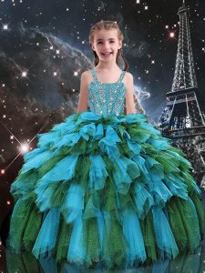 Latest Sleeveless Floor Length Beading and Ruffles Lace Up Pageant Dress for Girls with Teal