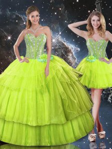 Sleeveless Organza Floor Length Lace Up 15th Birthday Dress in Yellow Green with Ruffled Layers