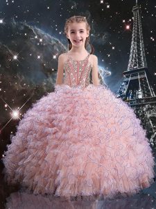 Short Sleeves Organza Floor Length Lace Up Little Girls Pageant Gowns in Pink with Beading and Ruffles