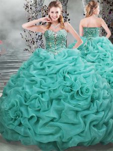 Shining Turquoise Ball Gowns Beading and Pick Ups Vestidos de Quinceanera Lace Up Organza Sleeveless