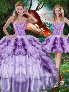 Pretty Sweetheart Sleeveless Quinceanera Gown Floor Length Beading and Ruffles and Ruffled Layers Multi-color Organza