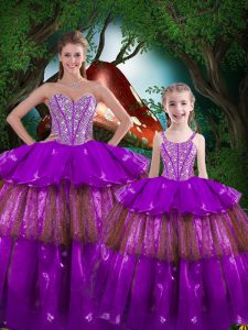 Nice Purple Sleeveless Organza Lace Up Sweet 16 Dresses for Military Ball and Sweet 16 and Quinceanera