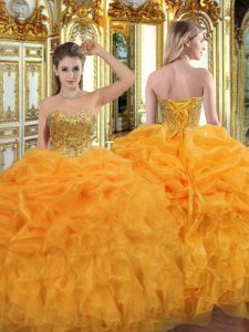 Sweet Sleeveless Organza Floor Length Lace Up Ball Gown Prom Dress in Orange with Beading and Ruffles