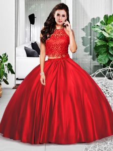 Sleeveless Taffeta Floor Length Zipper Ball Gown Prom Dress in Wine Red with Lace and Ruching
