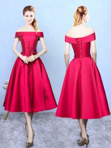 Wine Red A-line Off The Shoulder Cap Sleeves Taffeta Tea Length Lace Up Appliques Quinceanera Court Dresses