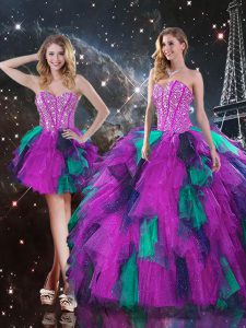 Modern Sleeveless Floor Length Beading and Ruffles Lace Up 15 Quinceanera Dress with Multi-color