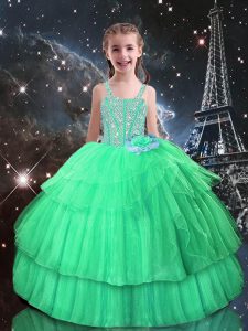 Apple Green Sleeveless Beading and Ruffled Layers Floor Length Child Pageant Dress