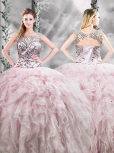 Beauteous Pink Sleeveless Floor Length Ruffles Zipper Vestidos de Quinceanera