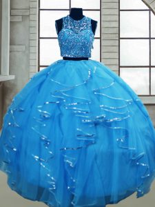 Traditional Baby Blue Tulle Lace Up Sweet 16 Dresses Sleeveless Floor Length Beading and Ruffles