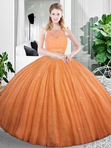 Floor Length Zipper 15th Birthday Dress Orange for Military Ball and Sweet 16 and Quinceanera with Lace and Ruching