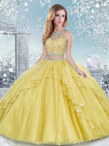 Dynamic Gold Two Pieces Beading and Lace Quinceanera Dress Clasp Handle Tulle Sleeveless Floor Length