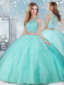 Comfortable Aqua Blue Ball Gowns Beading Sweet 16 Dress Clasp Handle Tulle Sleeveless Floor Length