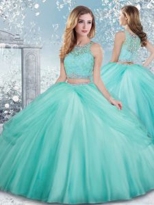 Sleeveless Tulle Floor Length Clasp Handle Quinceanera Dresses in Aqua Blue with Beading and Lace