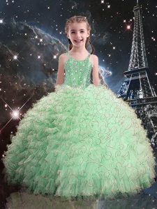 Pretty Apple Green Straps Lace Up Beading and Ruffles Girls Pageant Dresses Sleeveless