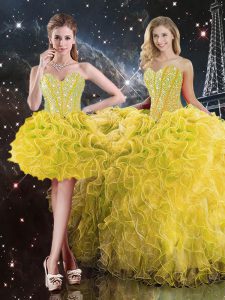 Yellow Ball Gowns Sweetheart Sleeveless Organza Floor Length Lace Up Beading and Ruffles Quinceanera Gowns