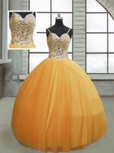 Dazzling Ball Gowns Quince Ball Gowns Gold Spaghetti Straps Tulle Sleeveless Floor Length Lace Up