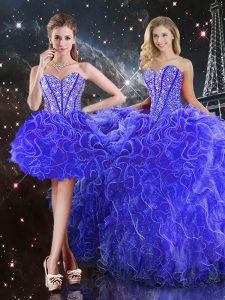 Excellent Blue Sweetheart Neckline Beading and Ruffles Sweet 16 Dress Sleeveless Lace Up