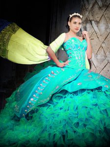 Spectacular Turquoise Sweetheart Lace Up Embroidery and Ruffles Quinceanera Gowns Brush Train Sleeveless