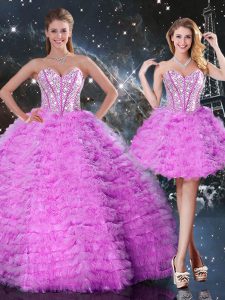 Discount Sleeveless Organza Floor Length Lace Up Quinceanera Dresses in Fuchsia with Beading and Ruffled Layers