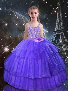 Amazing Sleeveless Lace Up Floor Length Beading and Ruffled Layers Pageant Dress for Girls