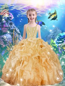 High Quality Champagne Ball Gowns Straps Sleeveless Organza Floor Length Lace Up Beading and Ruffles Little Girl Pageant Dress