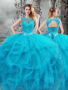 Cute Sleeveless Tulle Floor Length Lace Up Quinceanera Gowns in Baby Blue with Beading and Ruffles