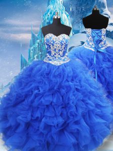 Modest Sleeveless Organza Floor Length Lace Up Quinceanera Dress in Blue with Beading and Ruffles