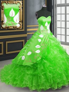 Exceptional Green Organza Lace Up Sweetheart Sleeveless Quinceanera Gowns Brush Train Embroidery