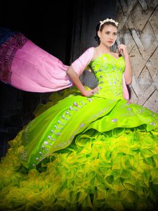 Fashionable Yellow Green Ball Gowns Sweetheart Sleeveless Organza Brush Train Lace Up Embroidery and Ruffles Ball Gown Prom Dress