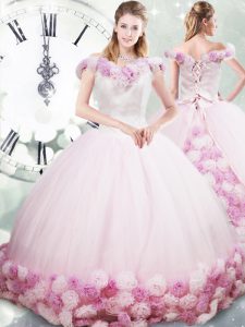 Hand Made Flower Sweet 16 Quinceanera Dress Pink Lace Up Sleeveless Brush Train