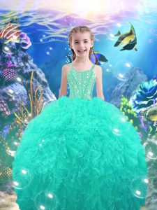 Superior Floor Length Turquoise Kids Formal Wear Organza Sleeveless Beading