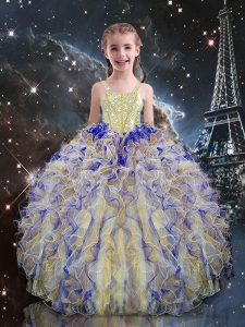 Multi-color Ball Gowns Organza Straps Sleeveless Beading and Ruffles Floor Length Lace Up Kids Formal Wear