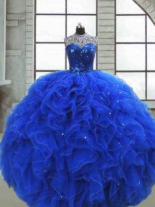 Clearance Royal Blue Vestidos de Quinceanera Military Ball and Sweet 16 and Quinceanera with Ruffles and Sequins Scoop Sleeveless Zipper