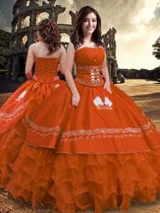 Beautiful Floor Length Zipper Vestidos de Quinceanera Rust Red for Military Ball and Sweet 16 and Quinceanera with Embroidery and Ruffled Layers