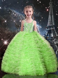 Sleeveless Lace Up Floor Length Beading and Ruffled Layers Little Girls Pageant Dress