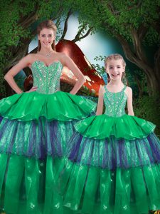 Green Organza Lace Up Sweetheart Sleeveless Floor Length Quinceanera Gown Beading and Ruffled Layers