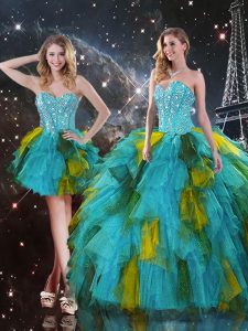 Designer Sweetheart Sleeveless Sweet 16 Dresses Floor Length Beading and Ruffles Multi-color Tulle