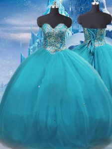 Teal Ball Gowns Sweetheart Sleeveless Tulle Floor Length Lace Up Appliques Quince Ball Gowns