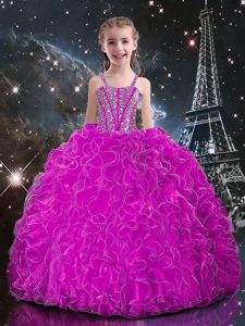Floor Length Fuchsia Little Girls Pageant Dress Wholesale Organza Sleeveless Beading and Ruffles