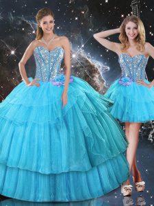 Amazing Aqua Blue Ball Gowns Ruffled Layers and Sequins 15th Birthday Dress Lace Up Organza Sleeveless Floor Length