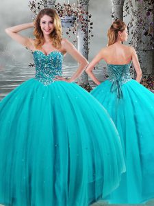 Hot Selling Aqua Blue Sleeveless Beading Floor Length Quinceanera Dress
