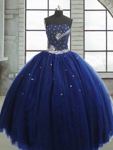 Comfortable Sleeveless Floor Length Beading Lace Up 15 Quinceanera Dress with Navy Blue