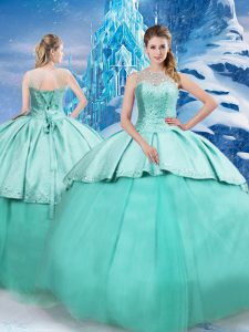 Turquoise Scoop Neckline Beading and Ruching Vestidos de Quinceanera Sleeveless Lace Up