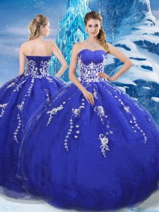 Blue Ball Gowns Organza Sweetheart Sleeveless Appliques Floor Length Lace Up Ball Gown Prom Dress