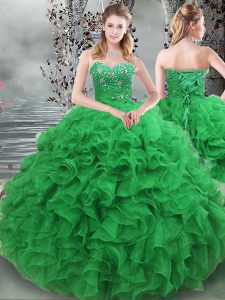 Simple Sleeveless Organza Floor Length Lace Up Quinceanera Gown in Green with Beading and Ruffles