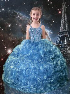Beading and Ruffles Little Girls Pageant Dress Wholesale Baby Blue Lace Up Sleeveless Floor Length