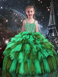 Custom Fit Floor Length Ball Gowns Sleeveless Apple Green Little Girls Pageant Dress Wholesale Lace Up