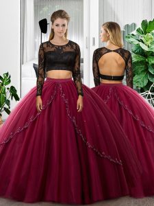 Fashion Fuchsia Long Sleeves Lace and Ruching Floor Length Sweet 16 Dress