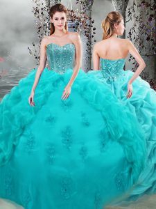 Sweet Aqua Blue Sweetheart Neckline Beading and Appliques and Pick Ups Quince Ball Gowns Sleeveless Lace Up